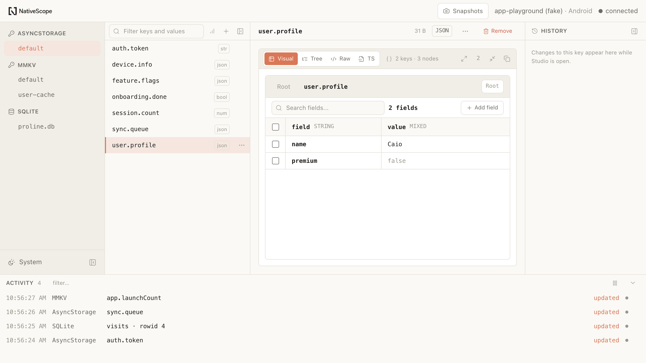 NativeScope displaying a JSON value as an editable field table while storage activity updates live