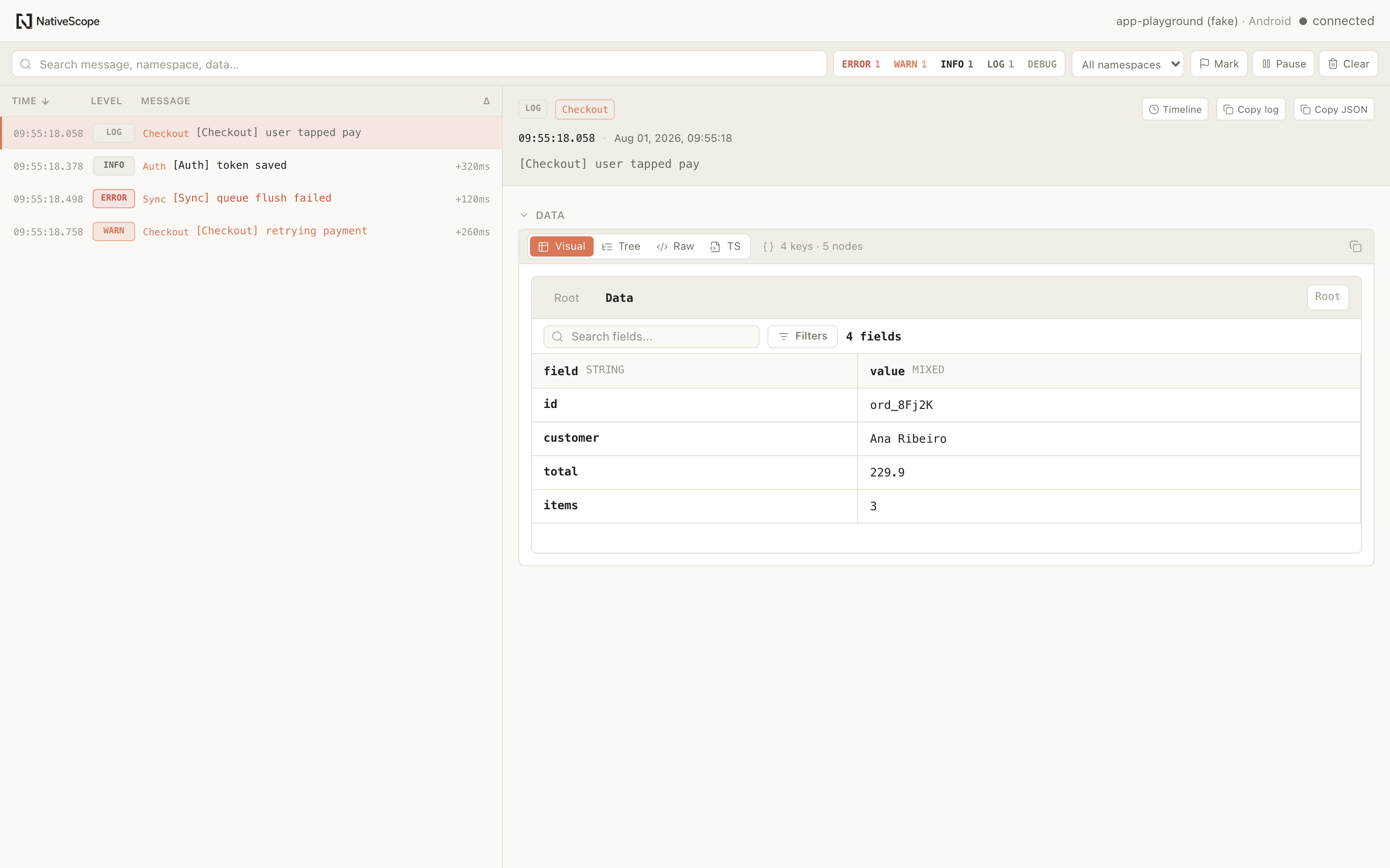NativeScope Logs showing a selected structured object and its JSON detail viewer