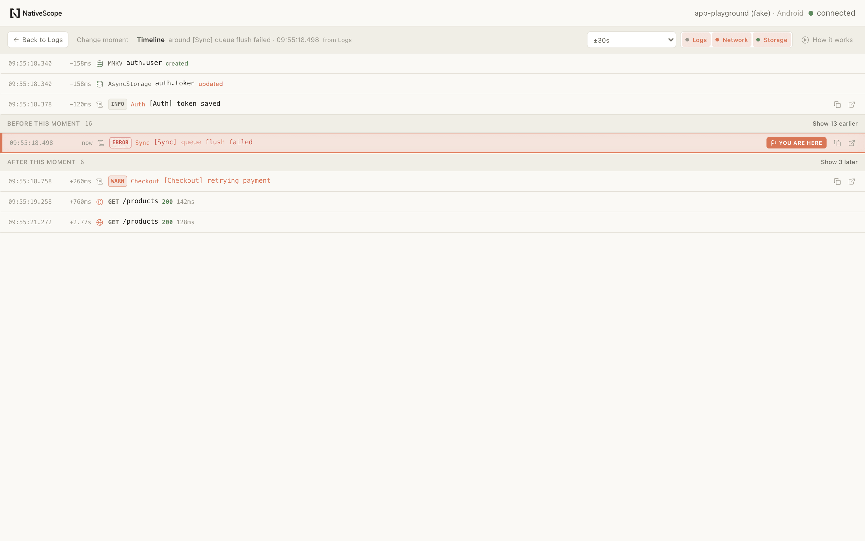 NativeScope Timeline showing a highlighted log error with surrounding requests and storage changes