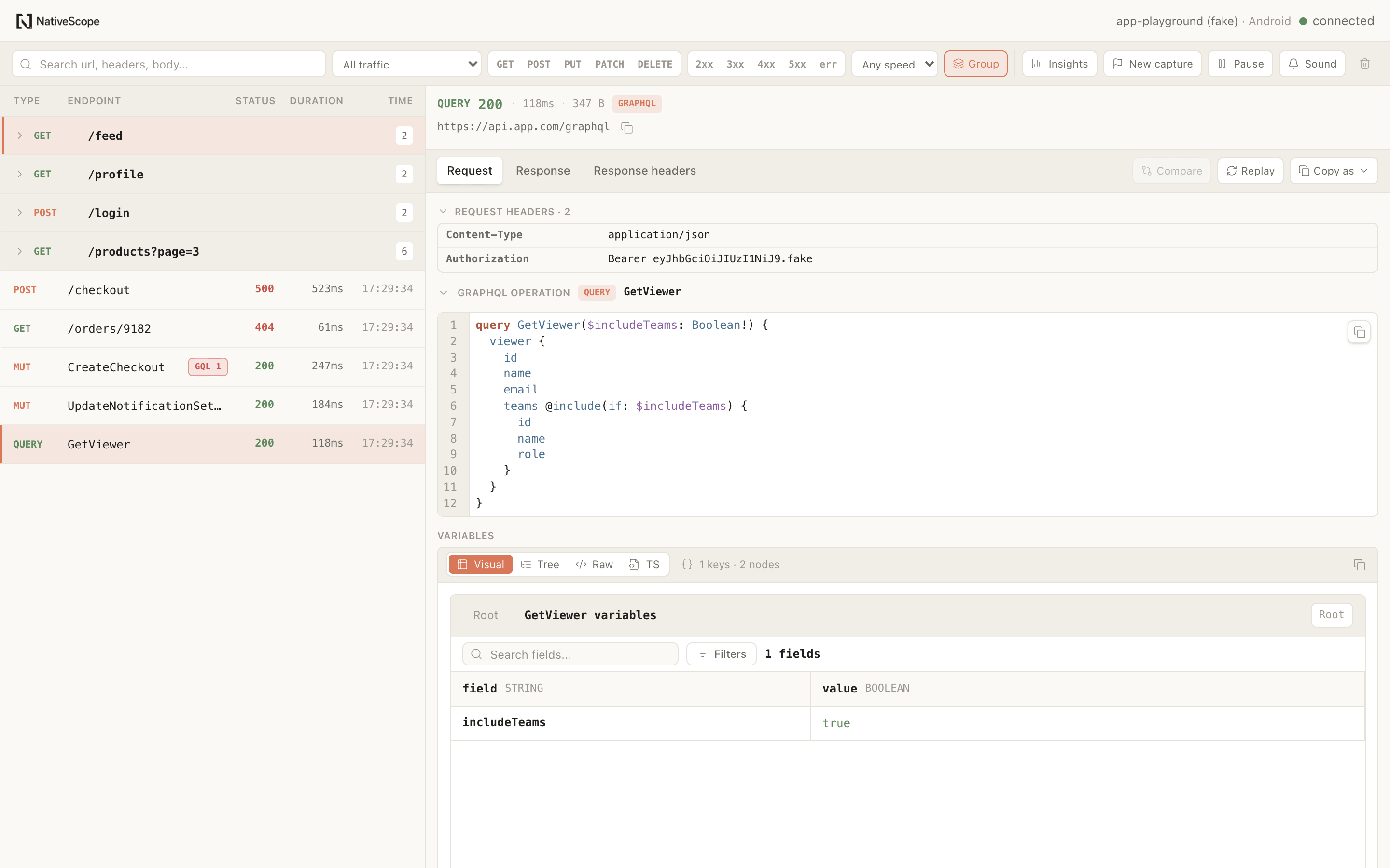 NativeScope Network displaying a request list, request detail and response body