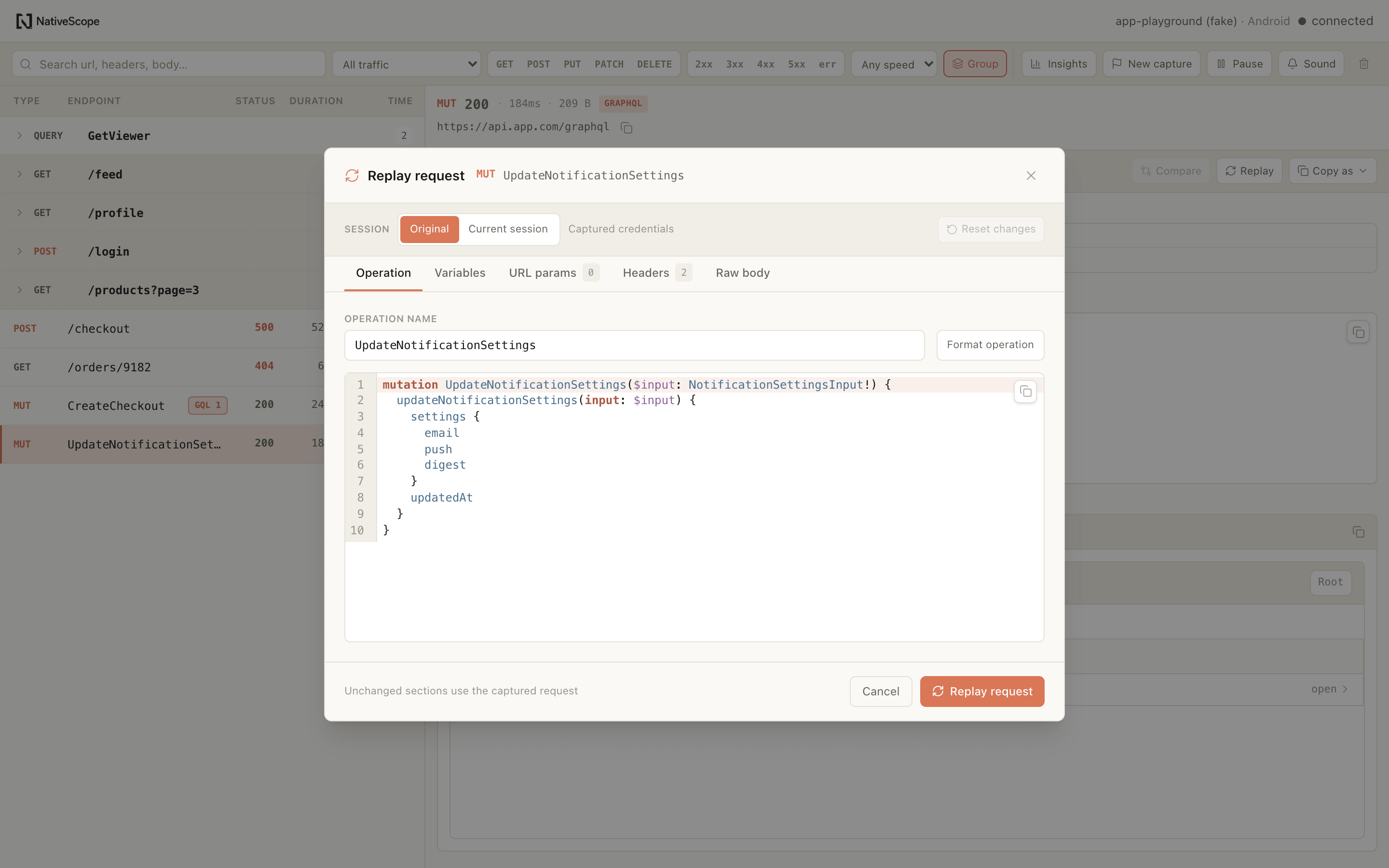 NativeScope structured request replay editor