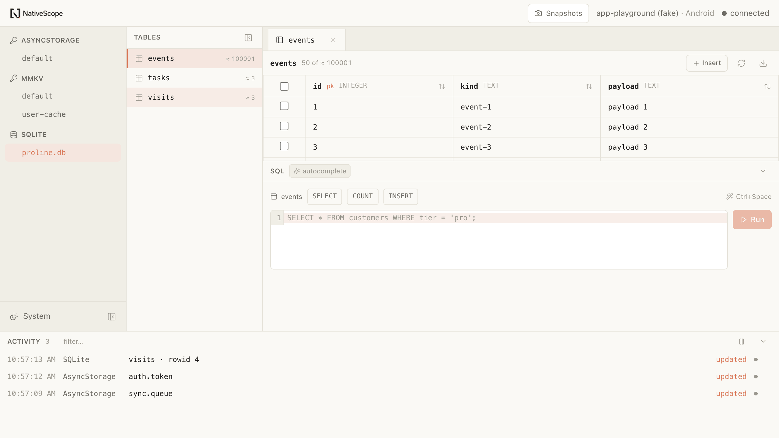 NativeScope SQLite grid browsing 100,001 rows with pagination and live activity
